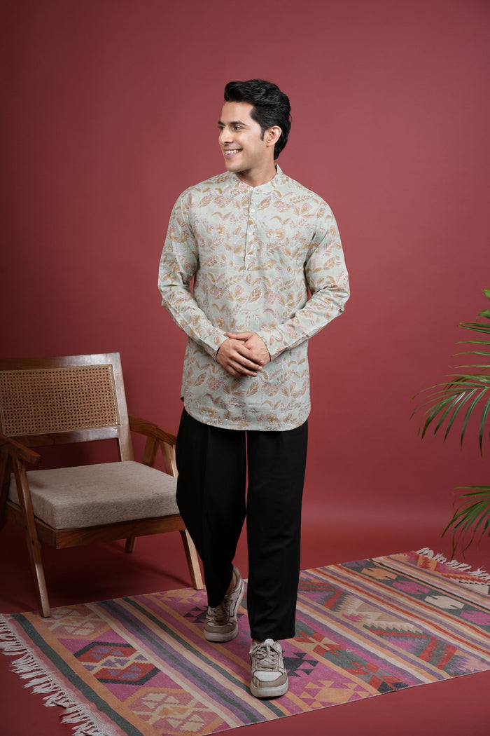 PISTA GREEN Chinese collar HANDBLOCK SHIRT FOR MEN'S