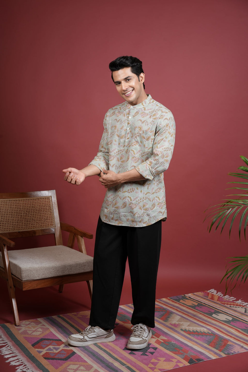 PISTA GREEN Chinese collar HANDBLOCK SHIRT FOR MEN'S