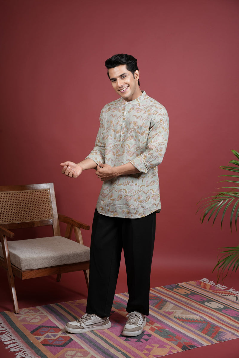 PISTA GREEN Chinese collar HANDBLOCK SHIRT FOR MEN'S