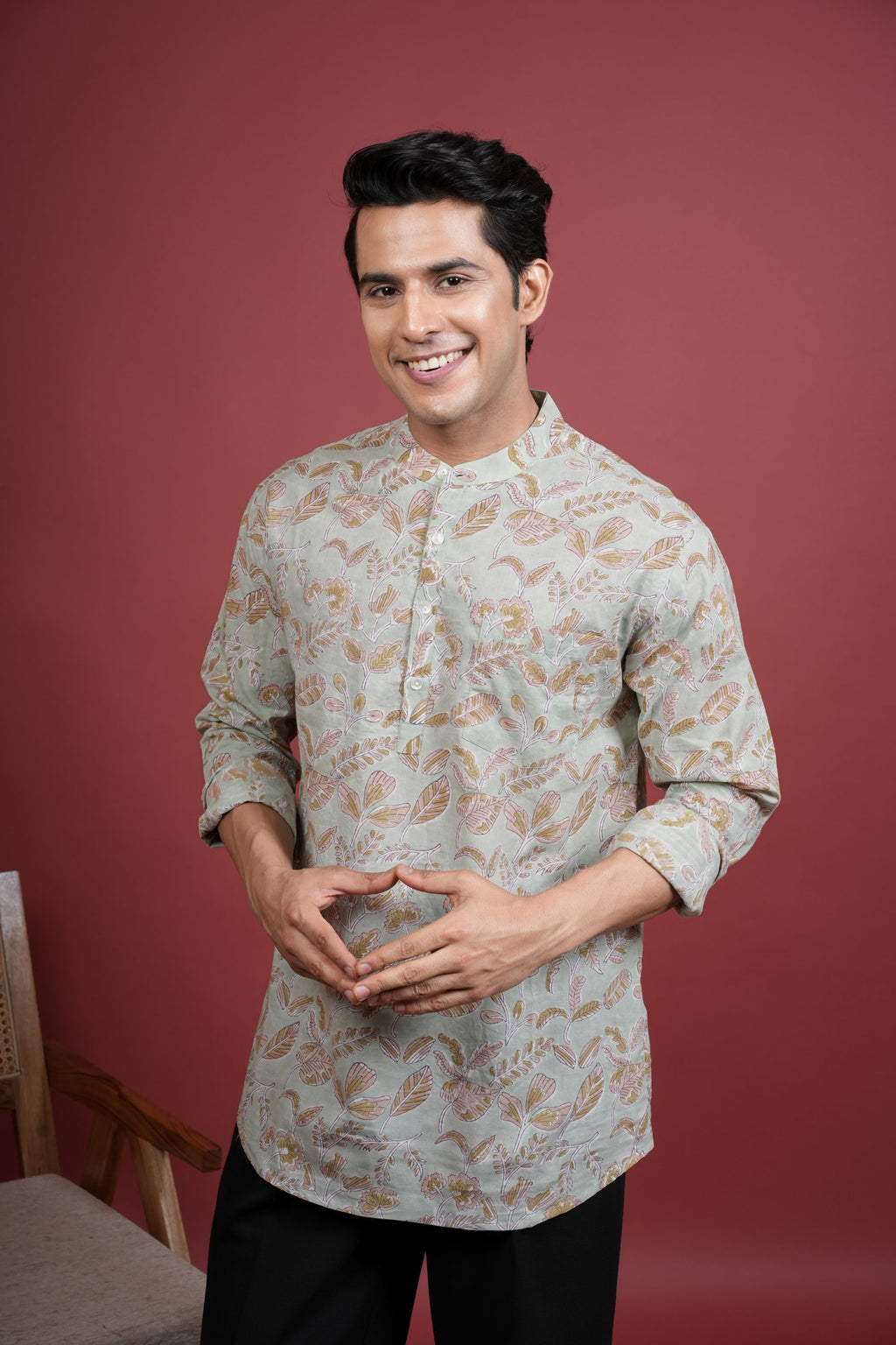 PISTA GREEN Chinese collar HANDBLOCK SHIRT FOR MEN'S