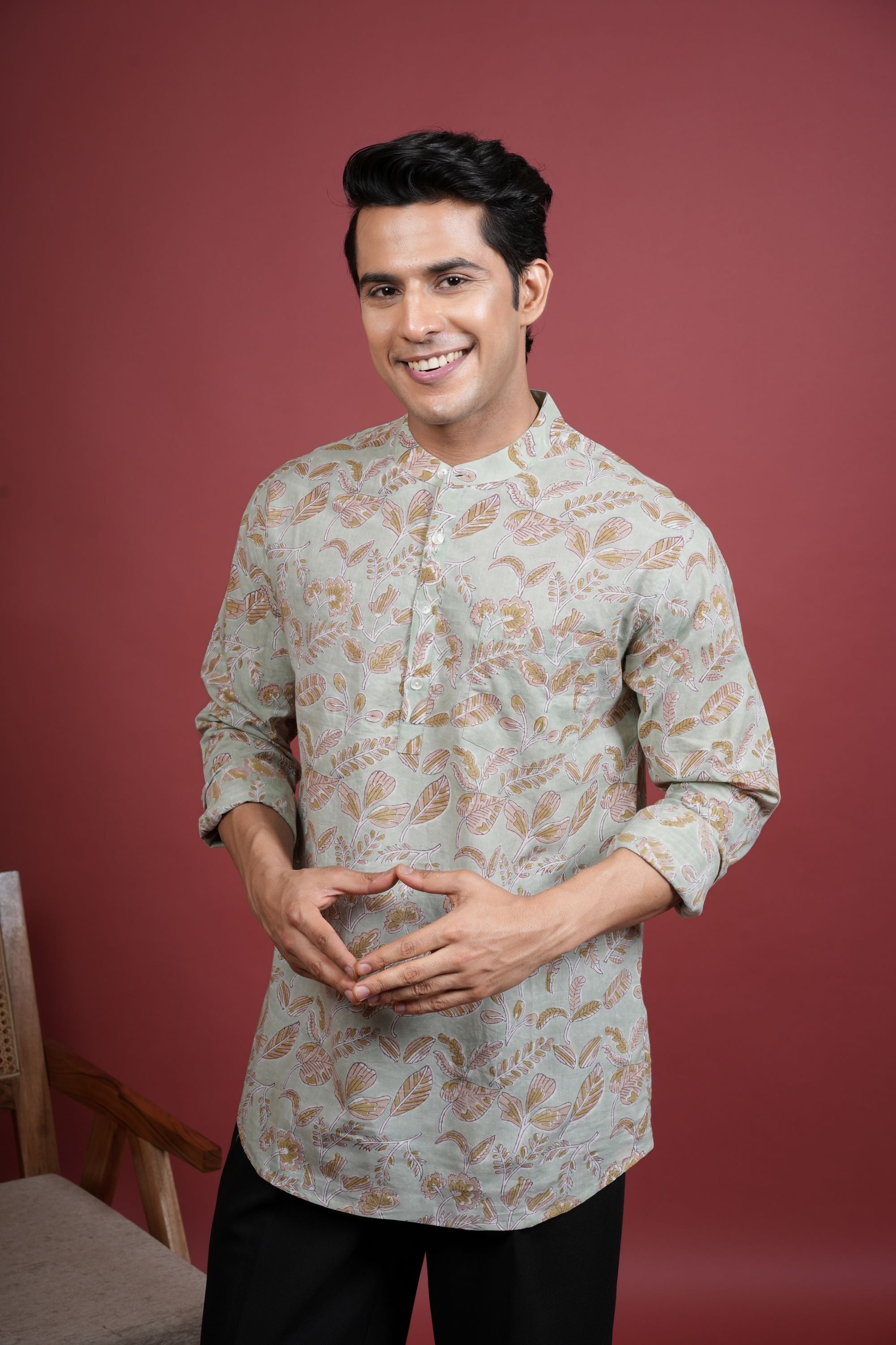 PISTA GREEN Chinese collar HANDBLOCK SHIRT FOR MEN'S