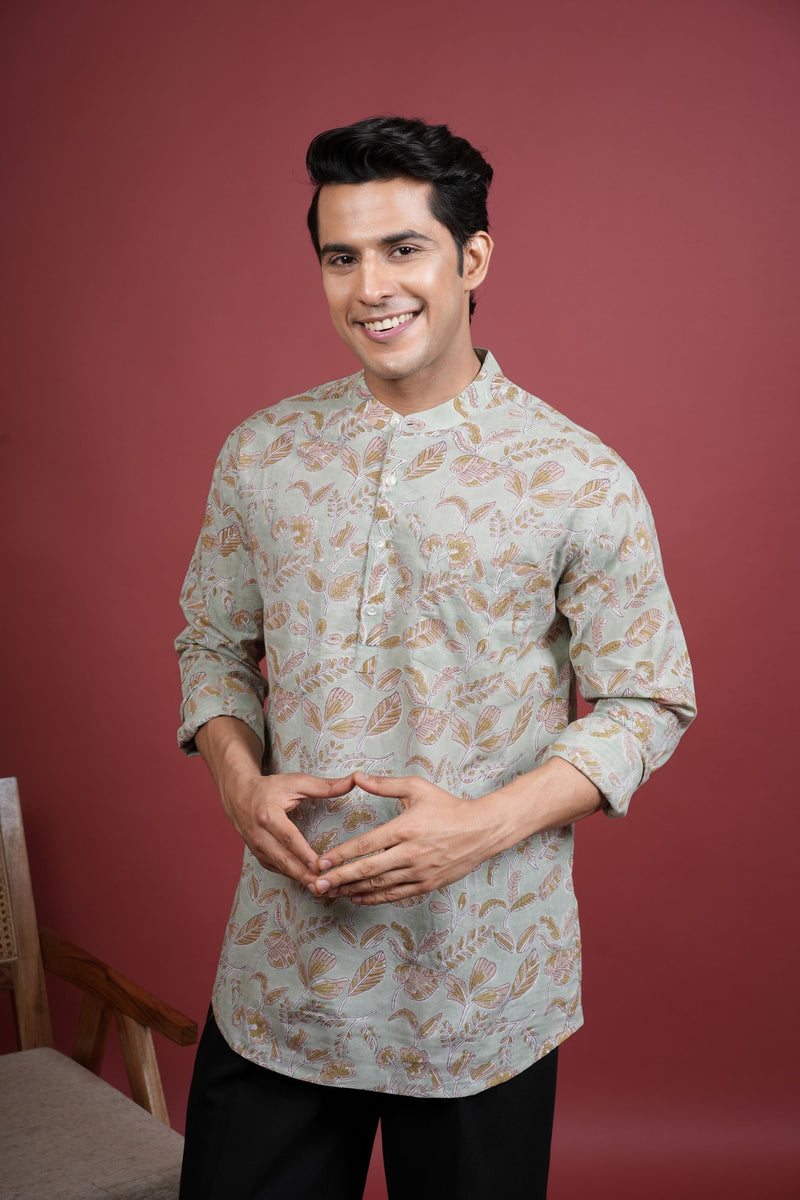 PISTA GREEN Chinese collar HANDBLOCK SHIRT FOR MEN'S