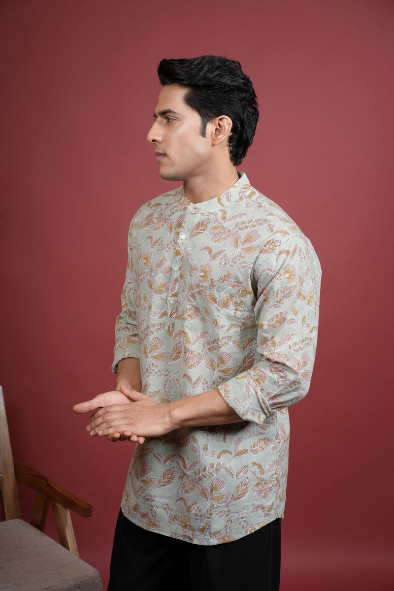 PISTA GREEN Chinese collar HANDBLOCK SHIRT FOR MEN'S