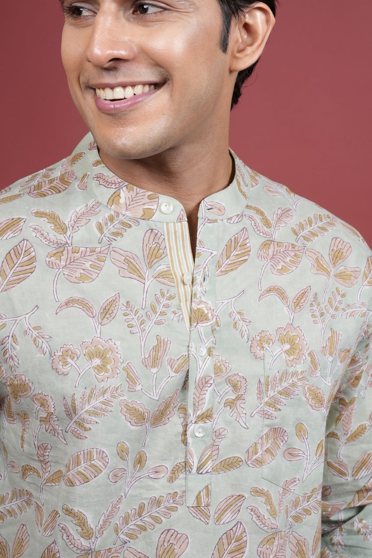 PISTA GREEN Chinese collar HANDBLOCK SHIRT FOR MEN'S