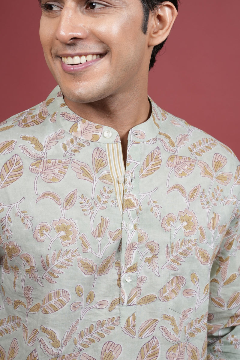 PISTA GREEN Chinese collar HANDBLOCK SHIRT FOR MEN'S