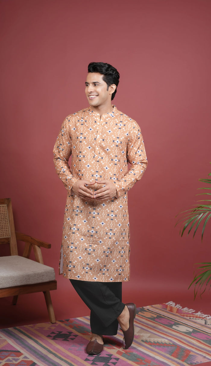 Light Orange Cotton Linen Chinese Collar Geomatric Pattern Kurta For Men's