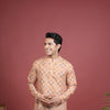 Light Orange Cotton Linen Chinese Collar Geomatric Pattern Kurta For Men's
