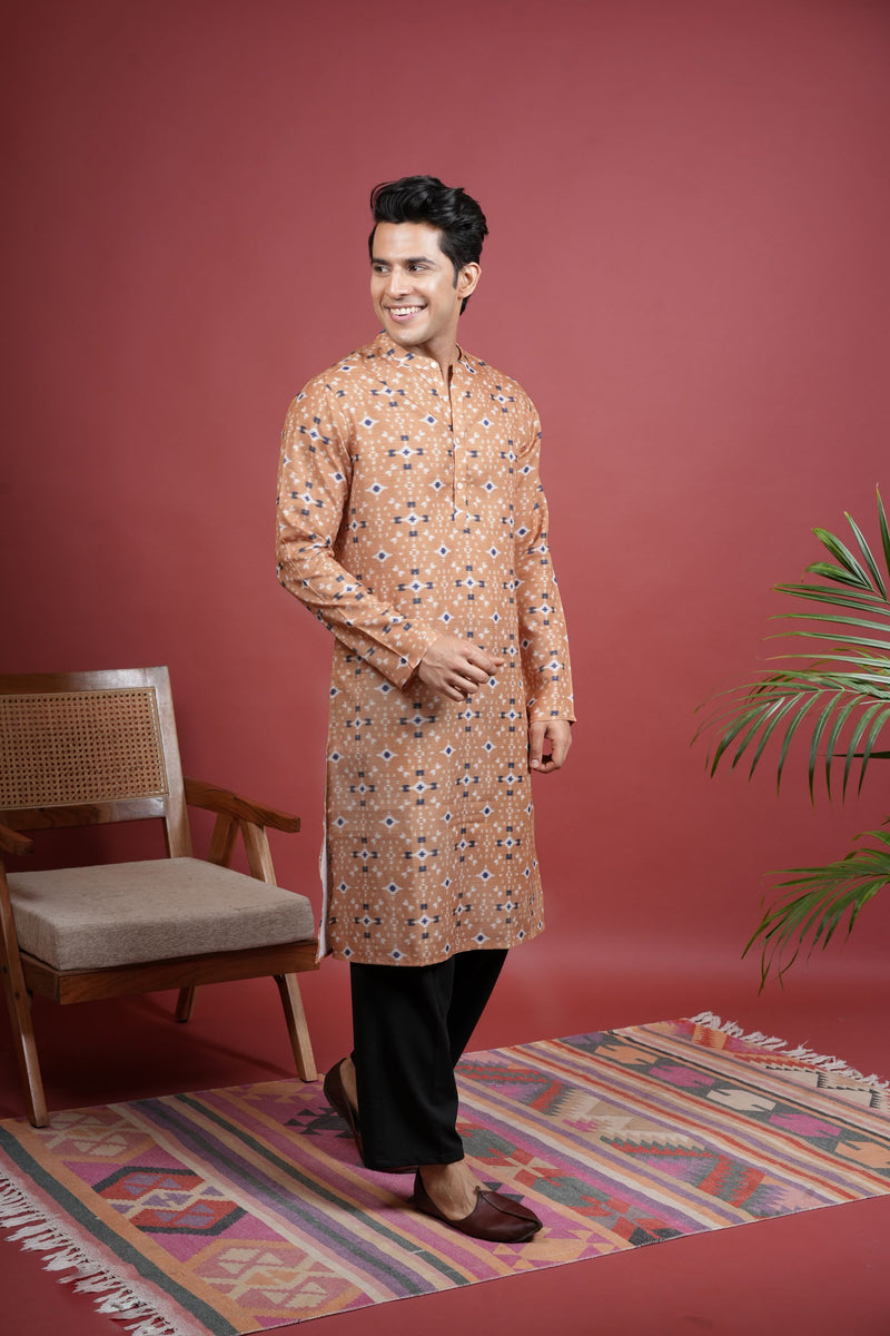 Light Orange Cotton Linen Chinese Collar Geomatric Pattern Kurta For Men's