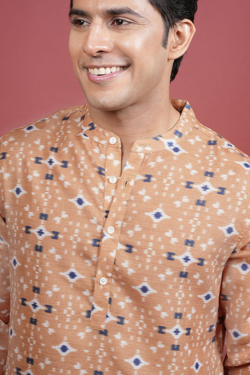 Light Orange Cotton Linen Chinese Collar Geomatric Pattern Kurta For Men's