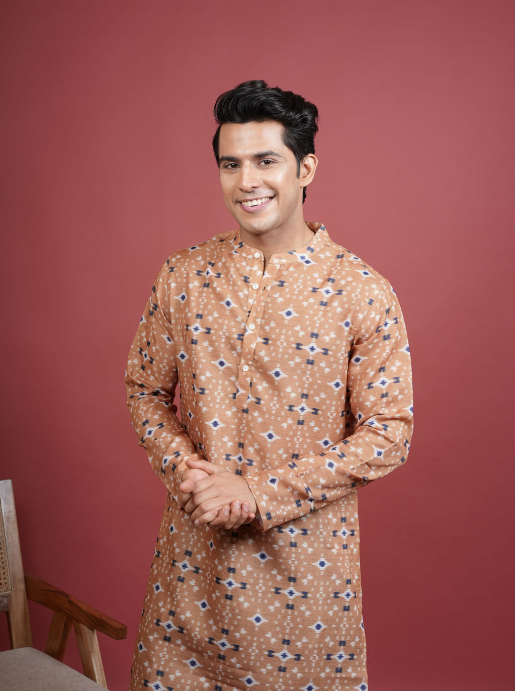 Light Orange Cotton Linen Chinese Collar Geomatric Pattern Kurta For Men's