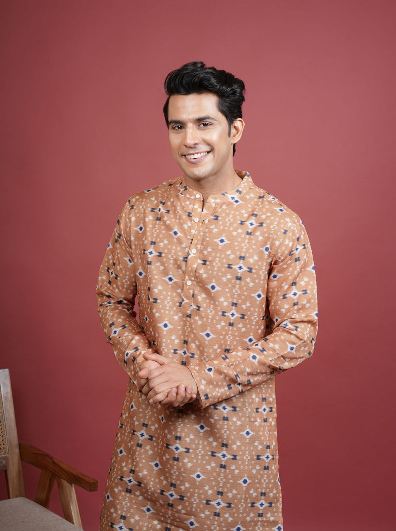 Light Orange Cotton Linen Chinese Collar Geomatric Pattern Kurta For Men's