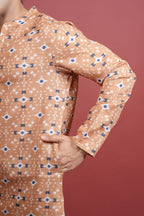 Light Orange Cotton Linen Chinese Collar Geomatric Pattern Kurta For Men's