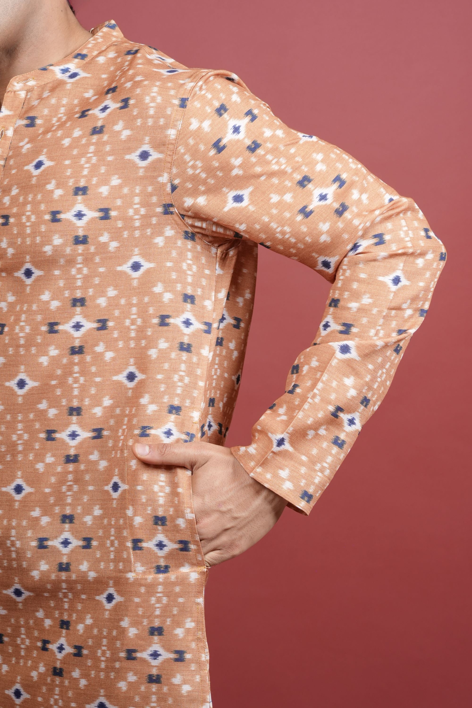 Light Orange Cotton Linen Chinese Collar Geomatric Pattern Kurta For Men's