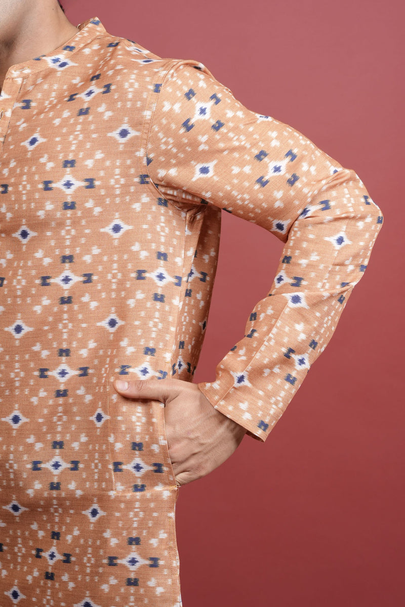 Light Orange Cotton Linen Chinese Collar Geomatric Pattern Kurta For Men's