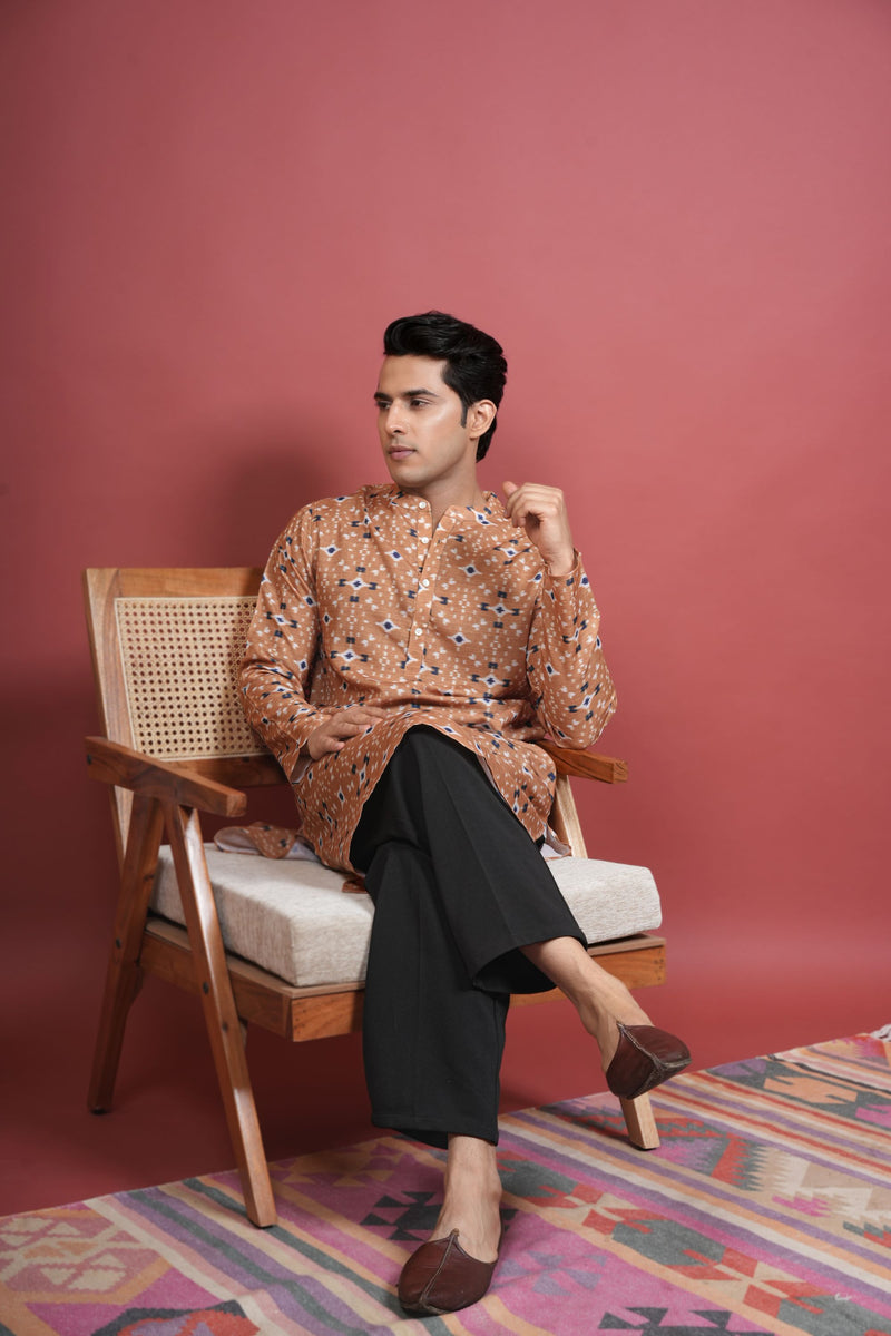 Light Orange Cotton Linen Chinese Collar Geomatric Pattern Kurta For Men's