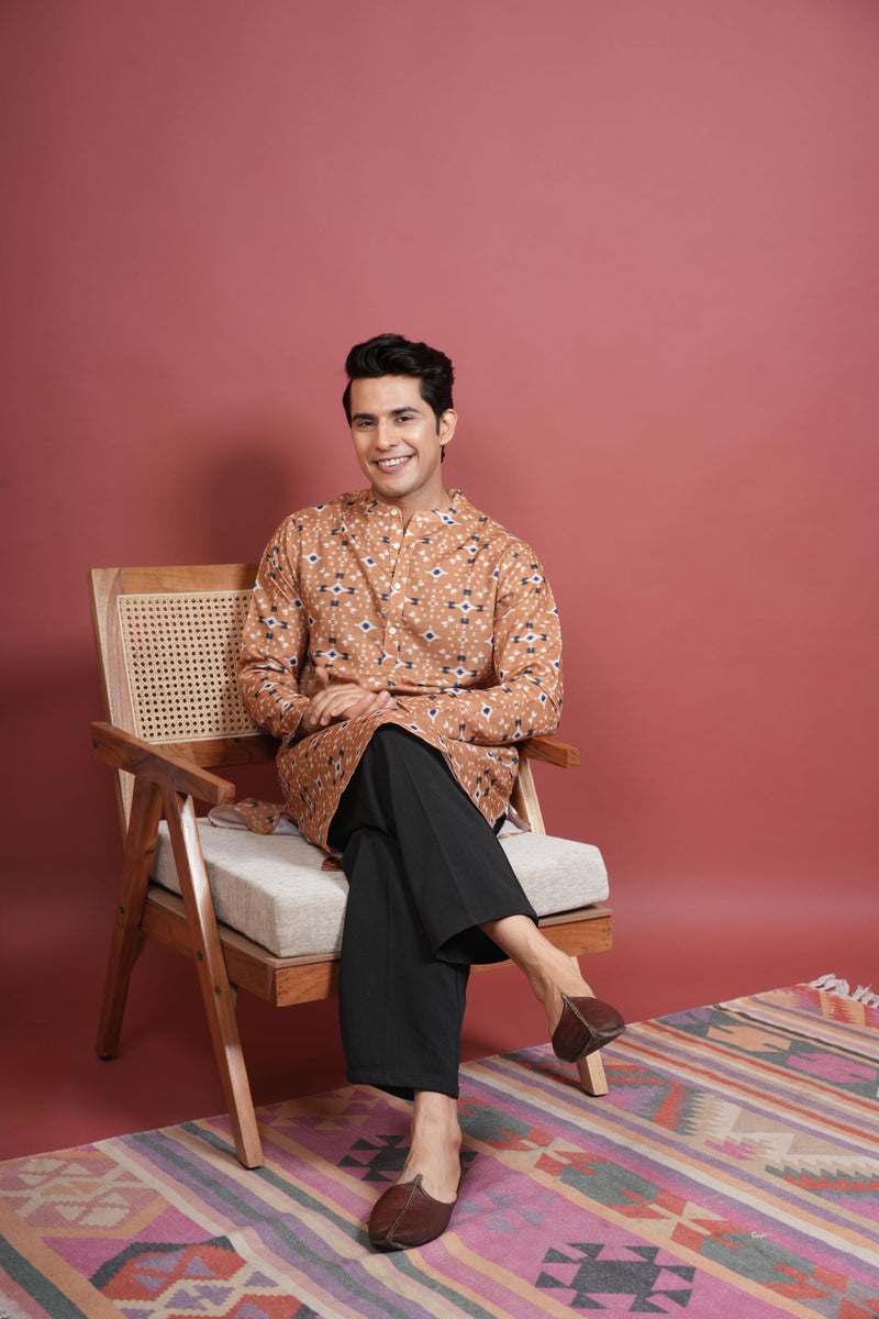 Light Orange Cotton Linen Chinese Collar Geomatric Pattern Kurta For Men's