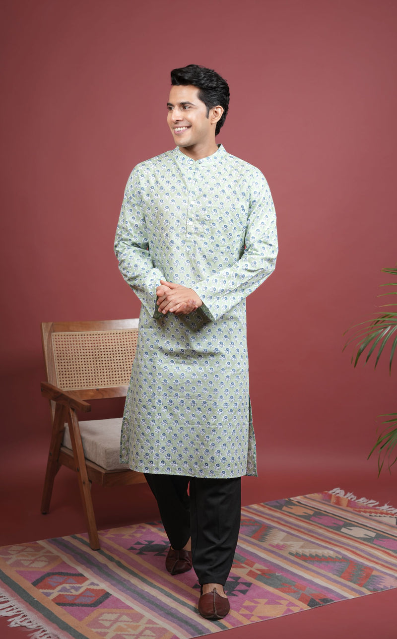 Green Cotton Chinese Collar Handblock Kurta for Men's