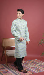 Green Cotton Chinese Collar Handblock Kurta for Men's