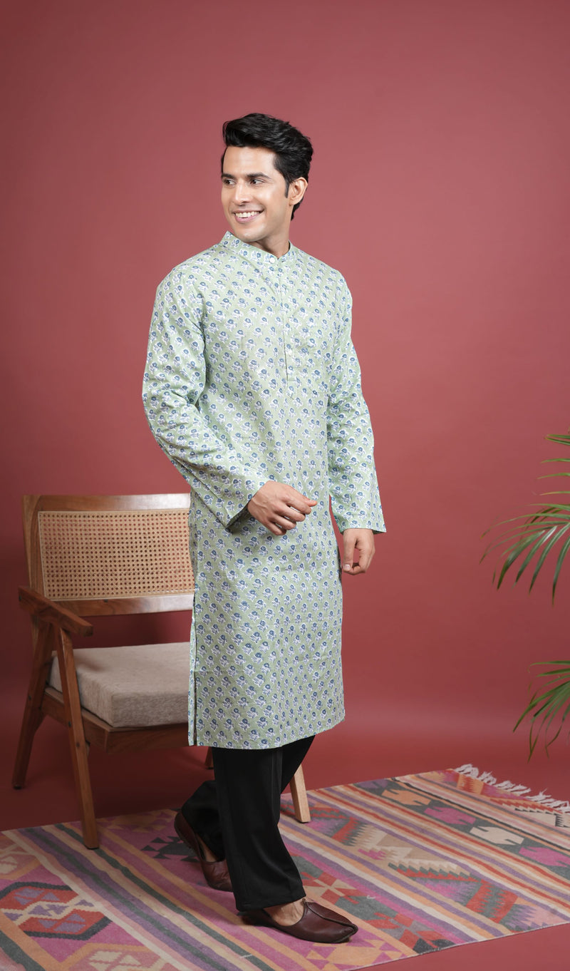 Green Cotton Chinese Collar Handblock Kurta for Men's