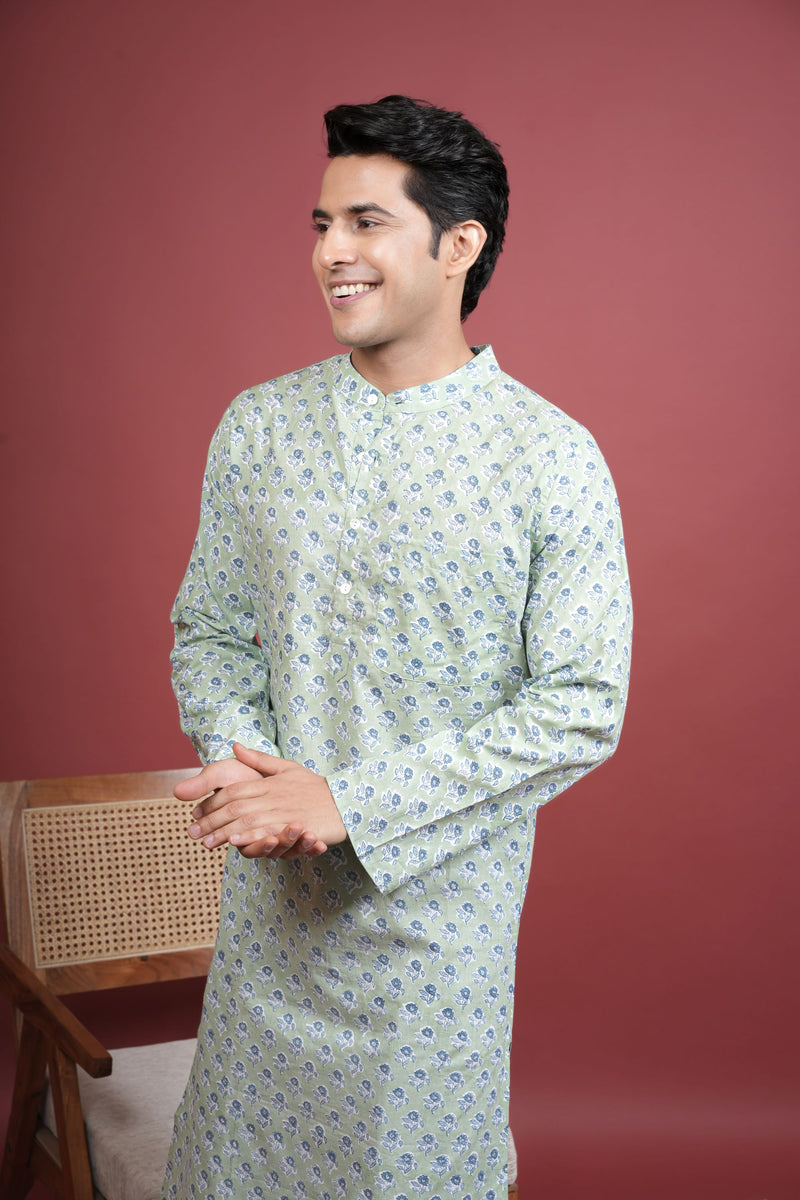 Green Cotton Chinese Collar Handblock Kurta for Men's
