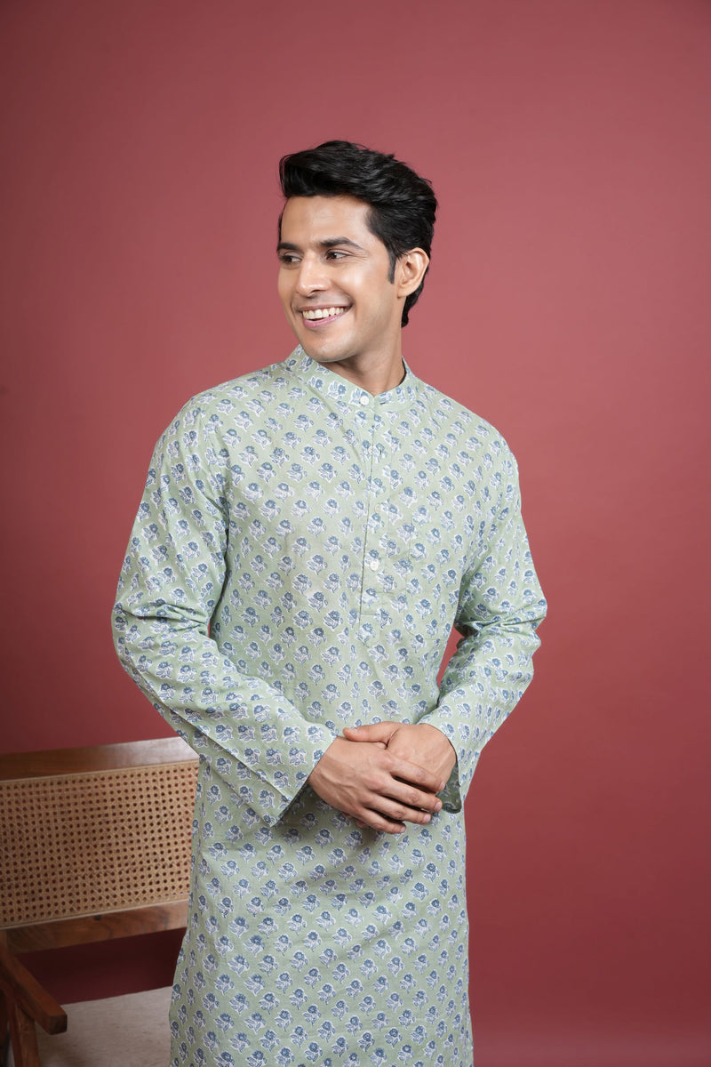 Green Cotton Chinese Collar Handblock Kurta for Men's