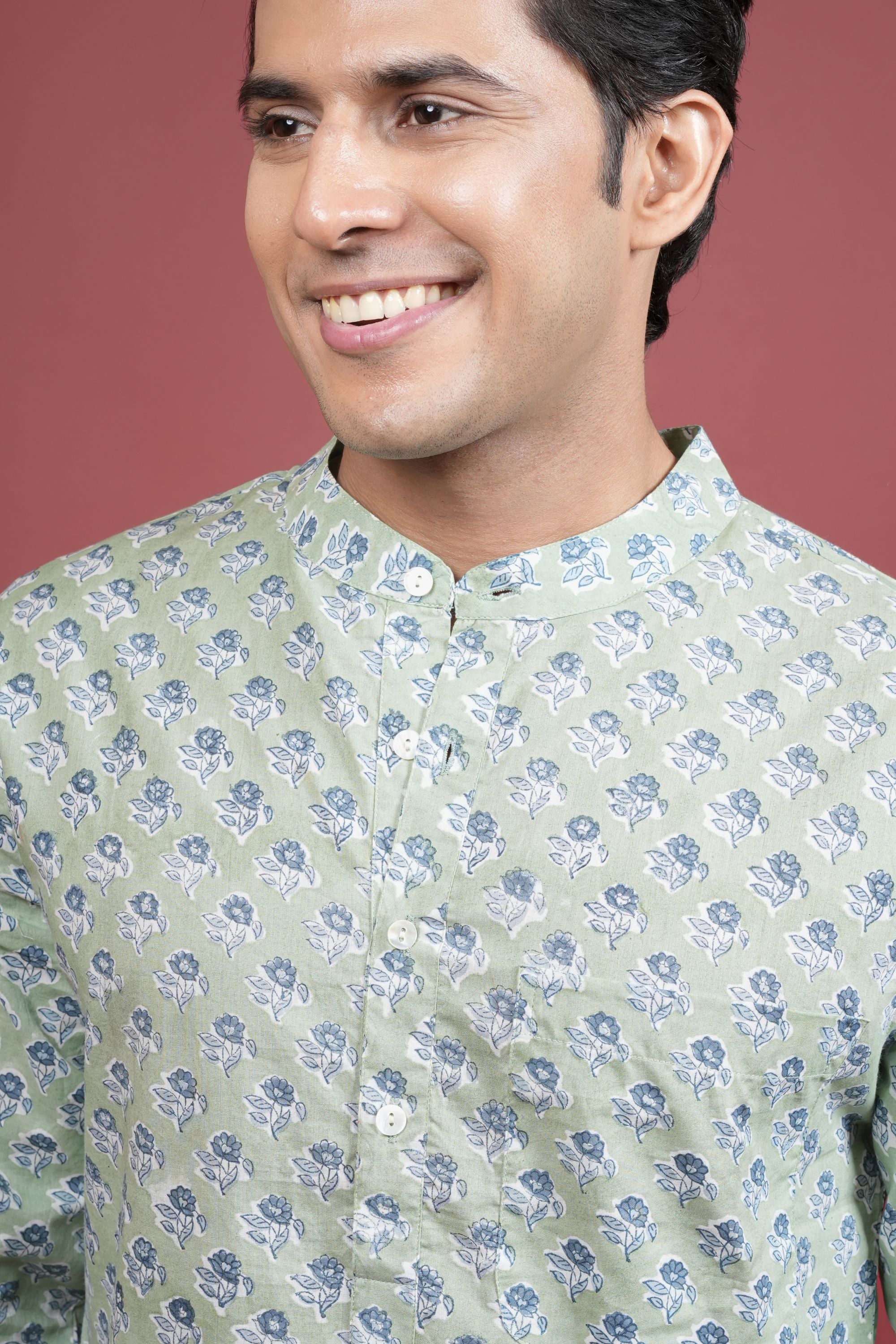 Green Cotton Chinese Collar Handblock Kurta for Men's