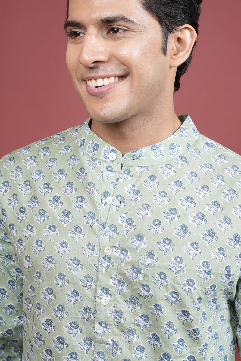 Green Cotton Chinese Collar Handblock Kurta for Men's