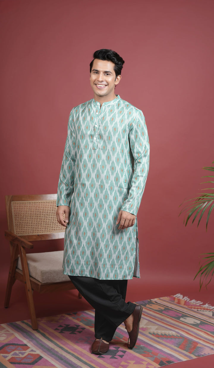 GREEN COTTON LINEN Chinese collar IKKAT PRINT KURTA FOR MEN'S