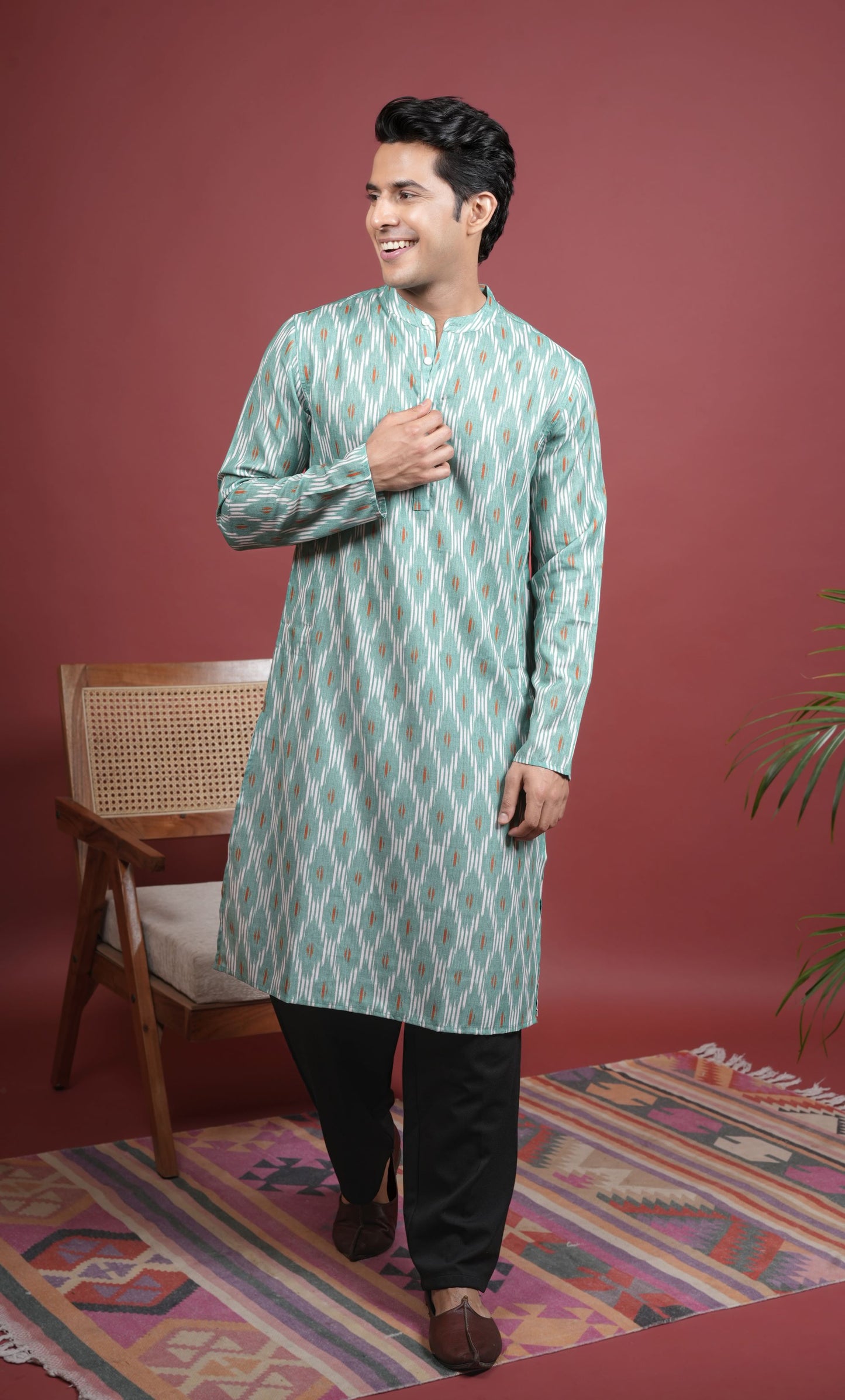 GREEN COTTON LINEN Chinese collar IKKAT PRINT KURTA FOR MEN'S