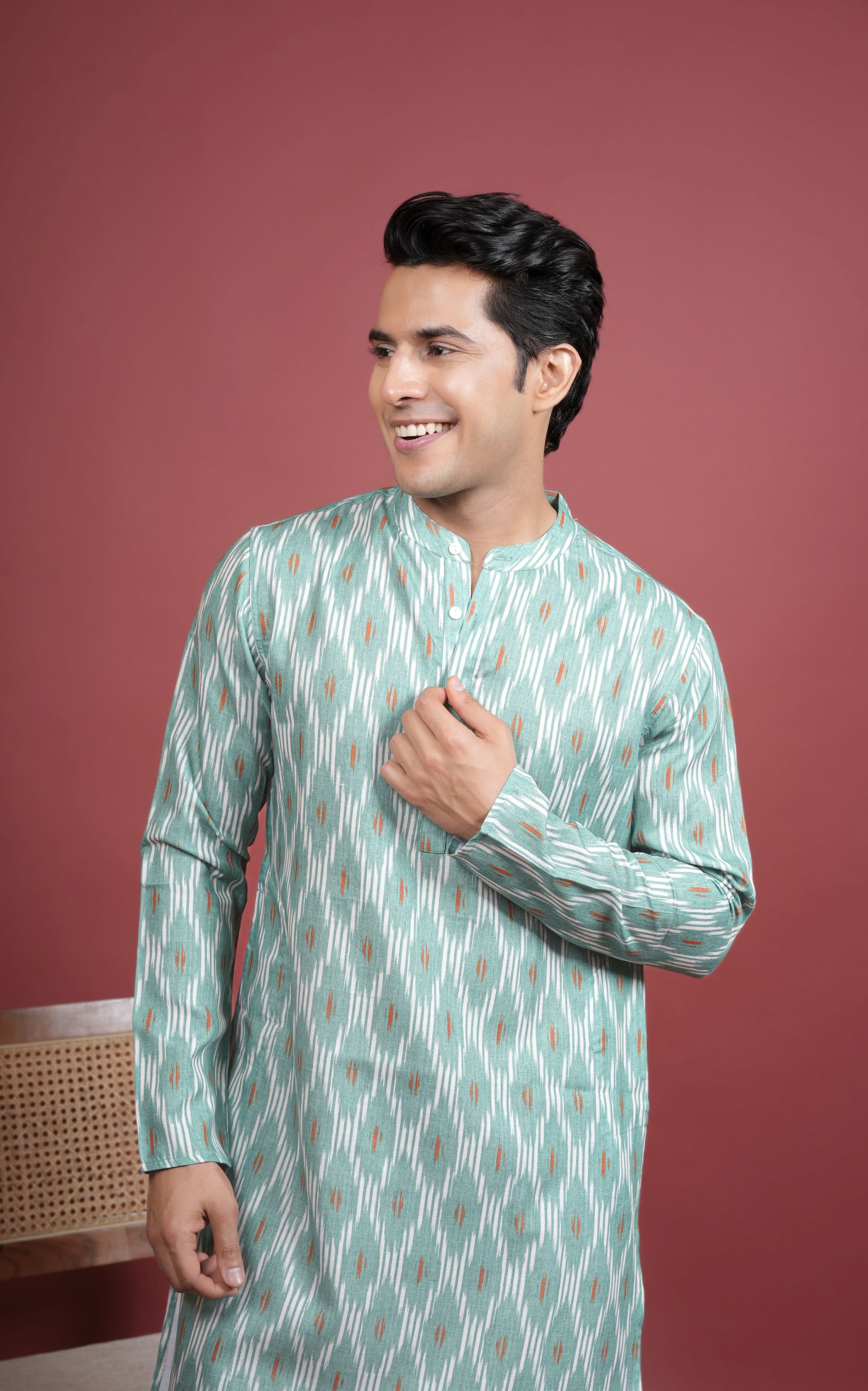 GREEN COTTON LINEN Chinese collar IKKAT PRINT KURTA FOR MEN'S