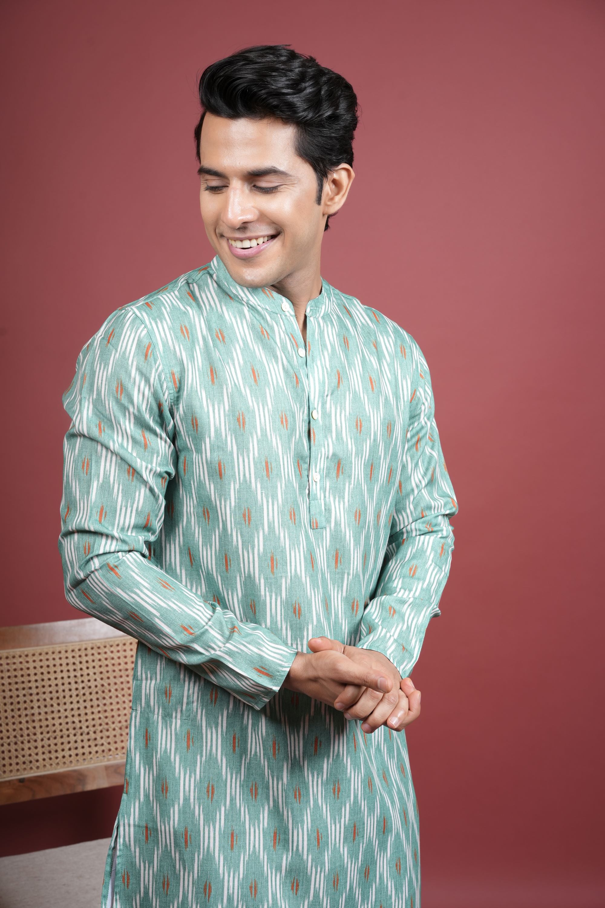 GREEN COTTON LINEN Chinese collar IKKAT PRINT KURTA FOR MEN'S