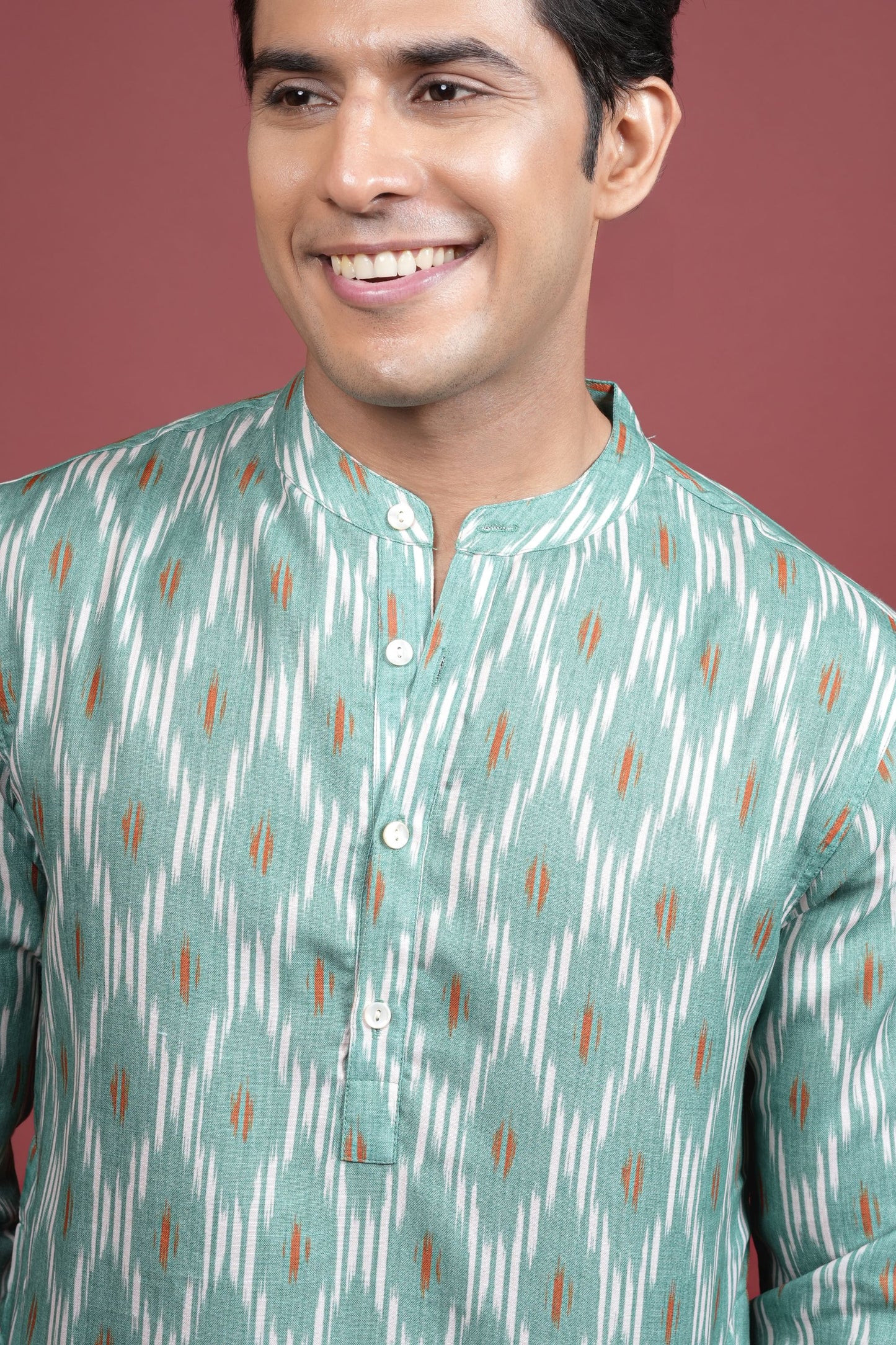 GREEN COTTON LINEN Chinese collar IKKAT PRINT KURTA FOR MEN'S