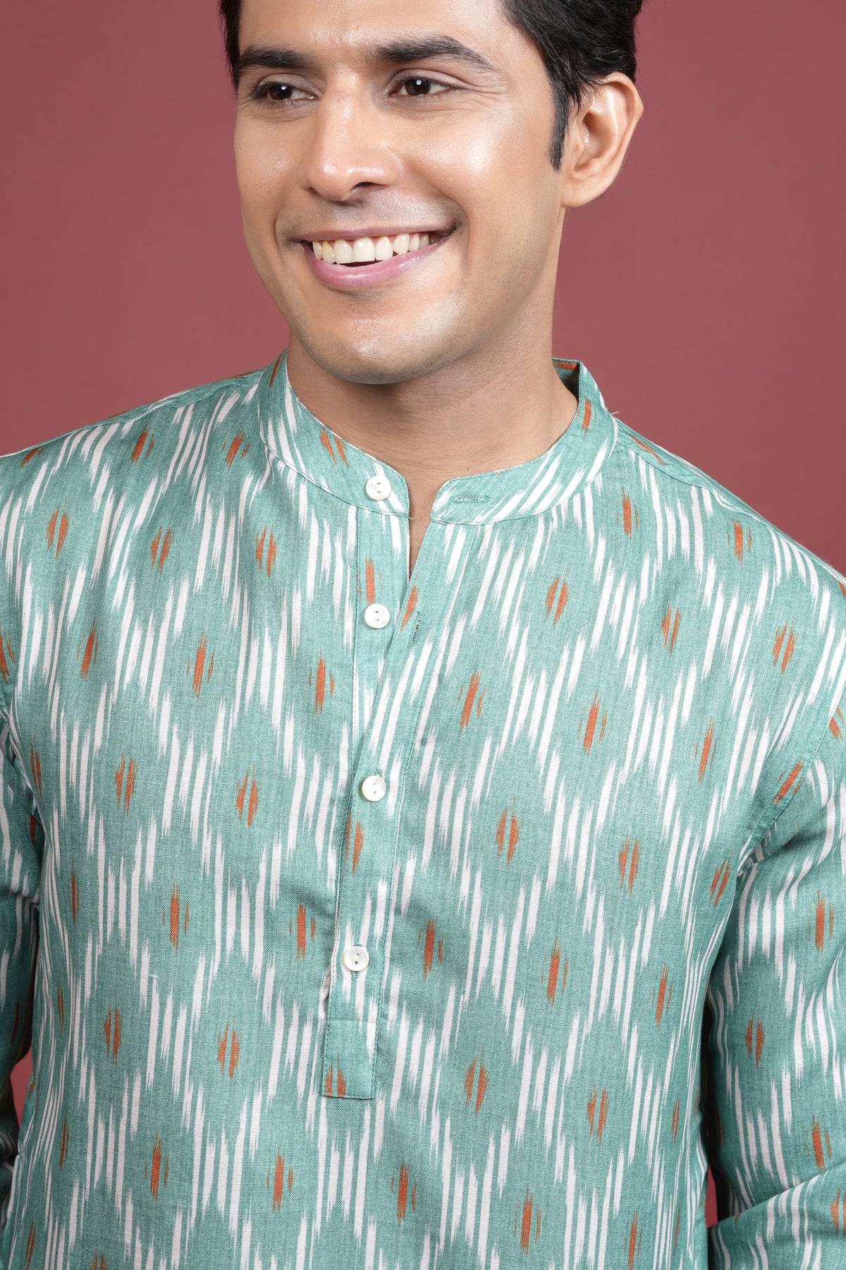 Green Cotton Linen Chinese Collar Kurta For Men's