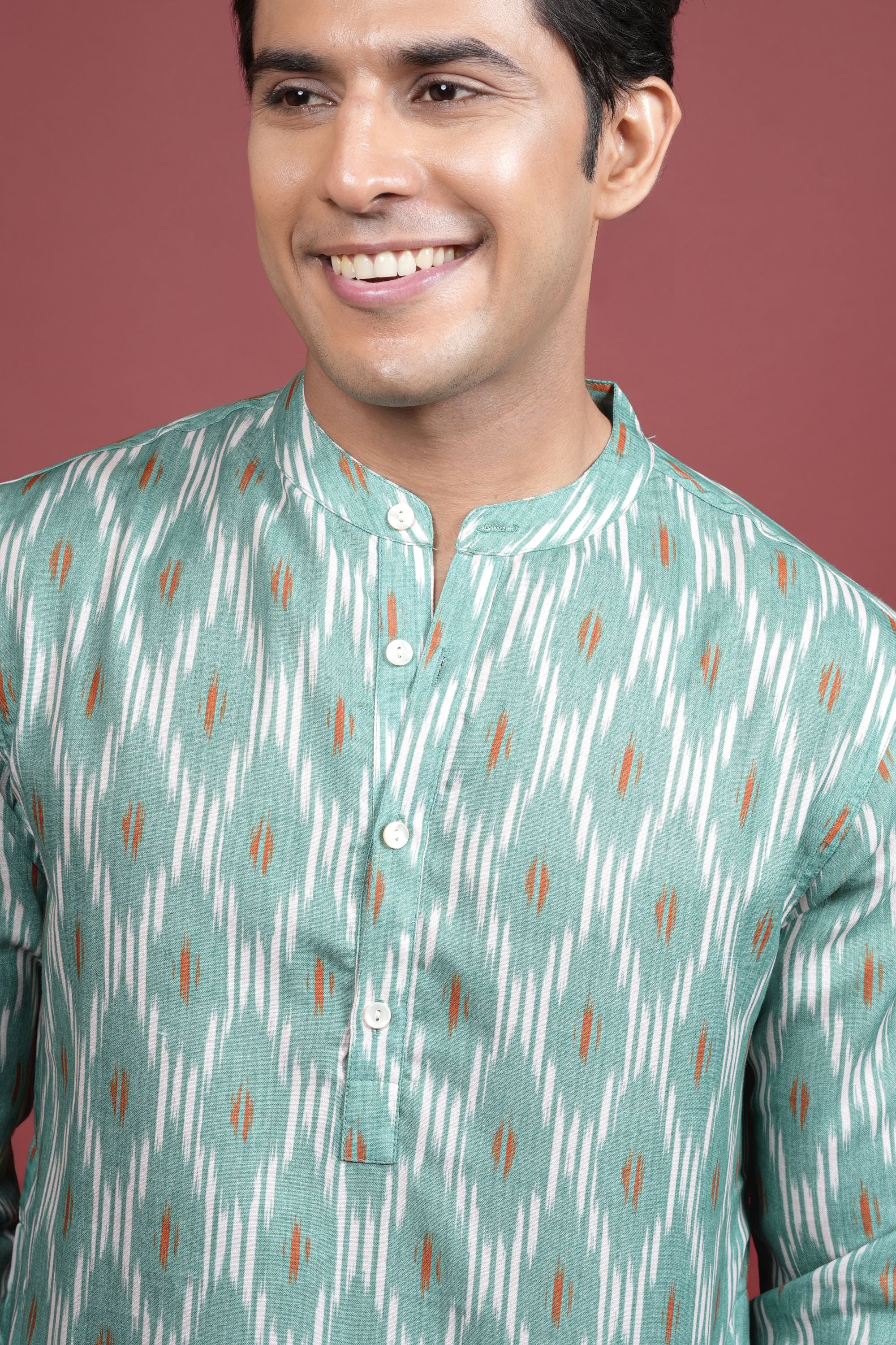 Green Cotton Linen Chinese Collar Kurta For Men's