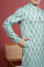 Green Cotton Linen Chinese Collar Kurta For Men's