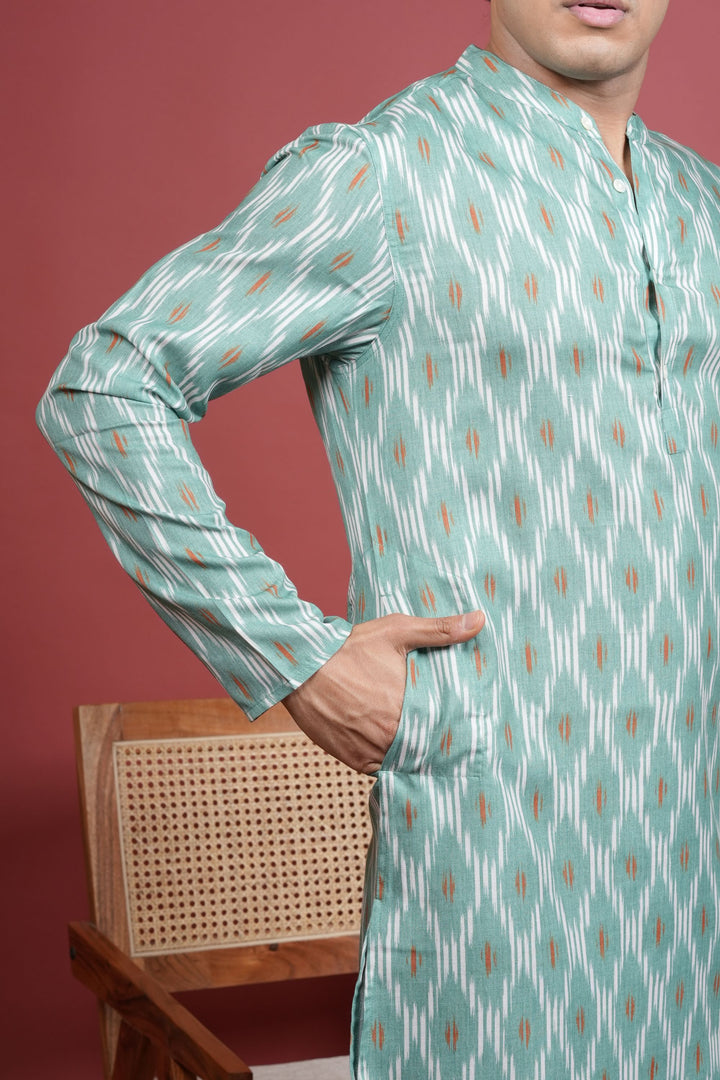 GREEN COTTON LINEN Chinese collar IKKAT PRINT KURTA FOR MEN'S