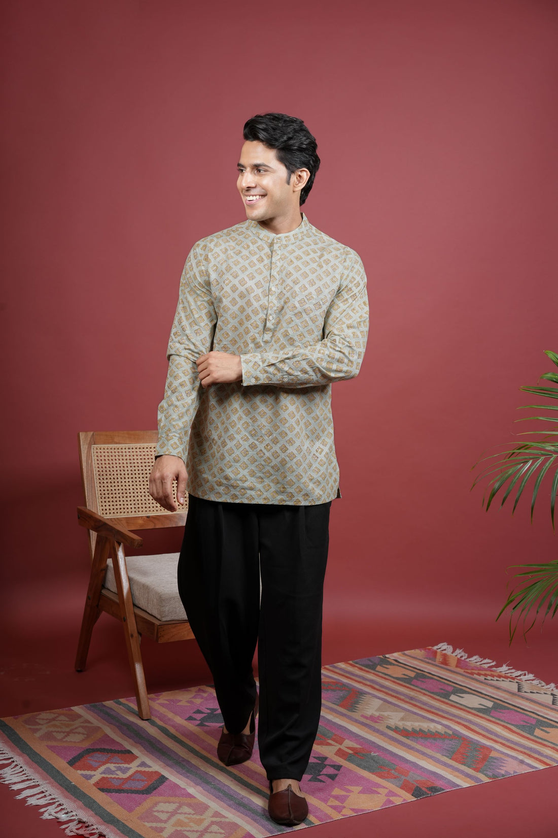 Pista Green Chinese Collar Handblock Shirt For Men's