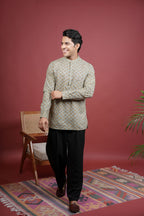 Pista Green Chinese Collar Handblock Shirt For Men's