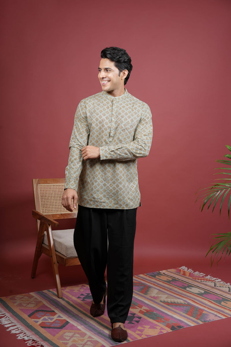 Pista Green Chinese Collar Handblock Shirt For Men's