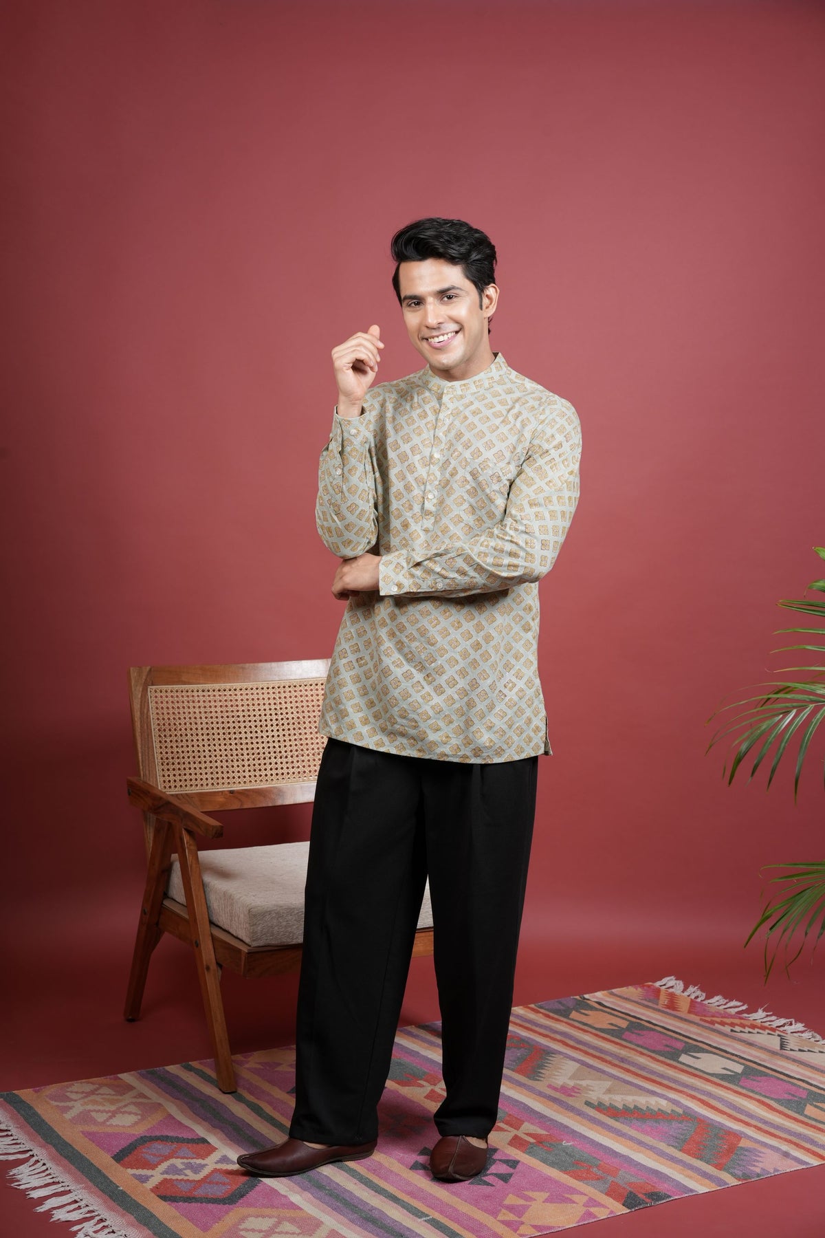 Pista Green Chinese Collar Handblock Shirt For Men's