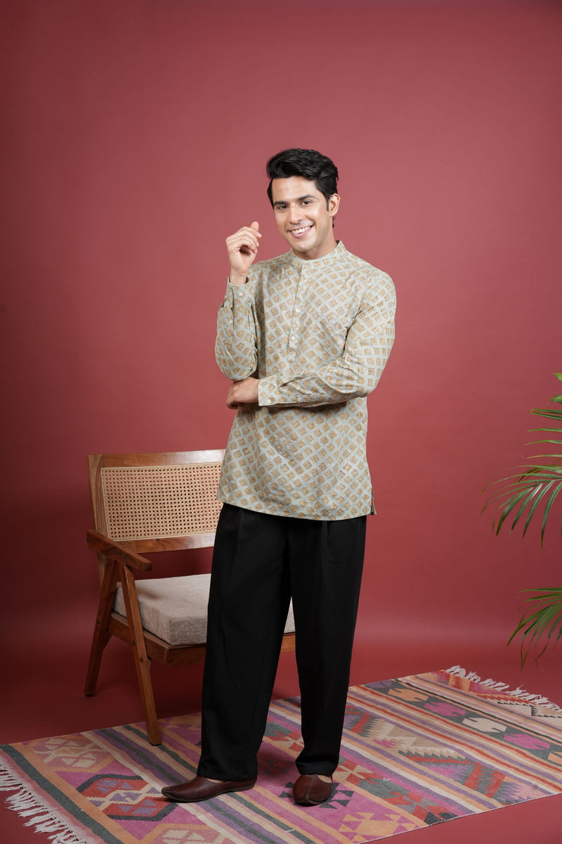 Pista Green Chinese Collar Handblock Shirt For Men's