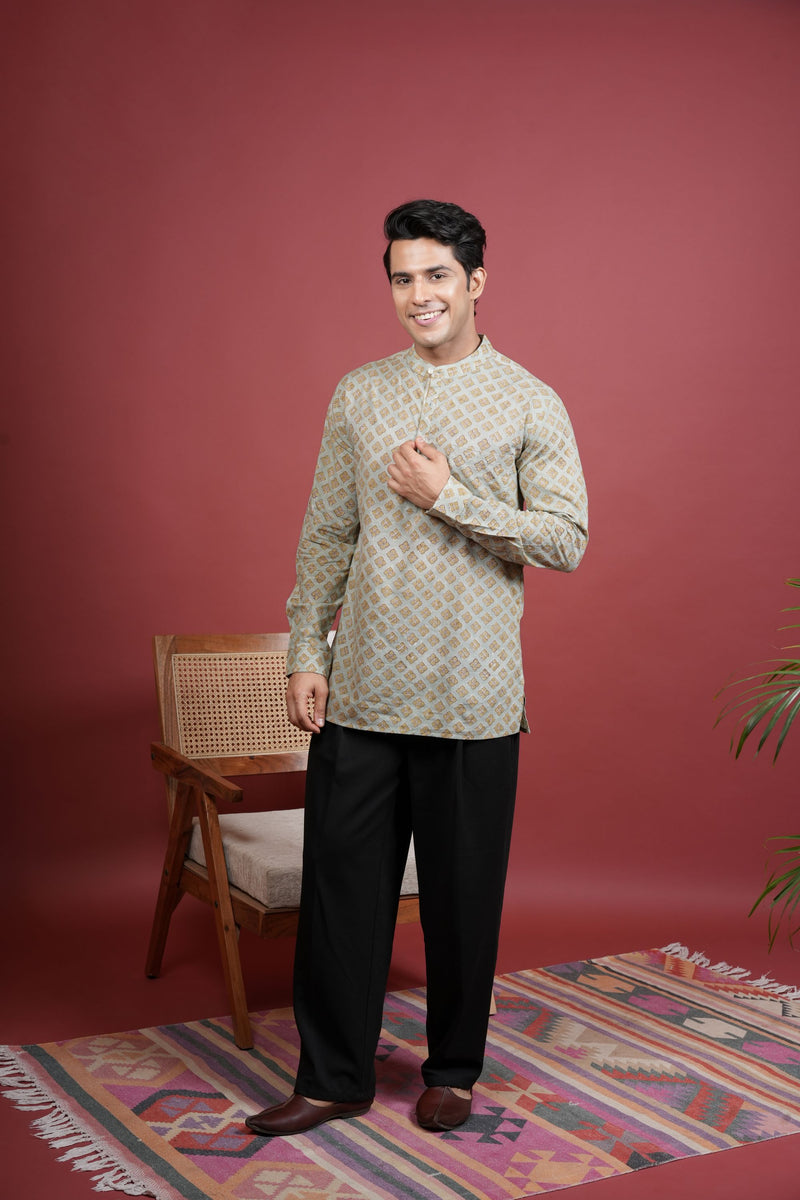 Pista Green Chinese Collar Handblock Shirt For Men's