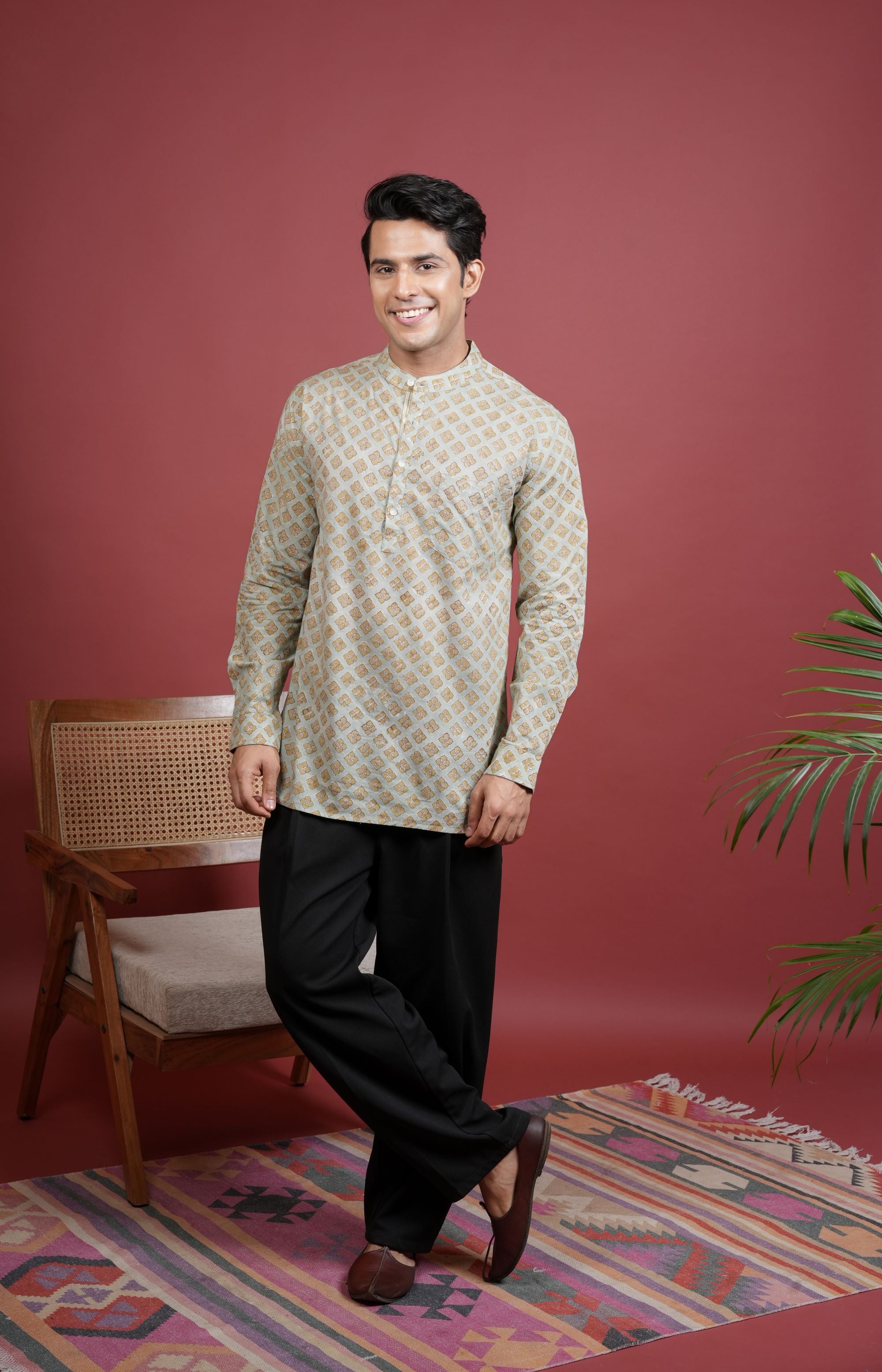 Pista Green Chinese Collar Handblock Shirt For Men's