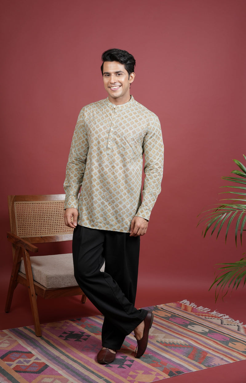 Pista Green Chinese Collar Handblock Shirt For Men's