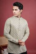 Pista Green Chinese Collar Handblock Shirt For Men's