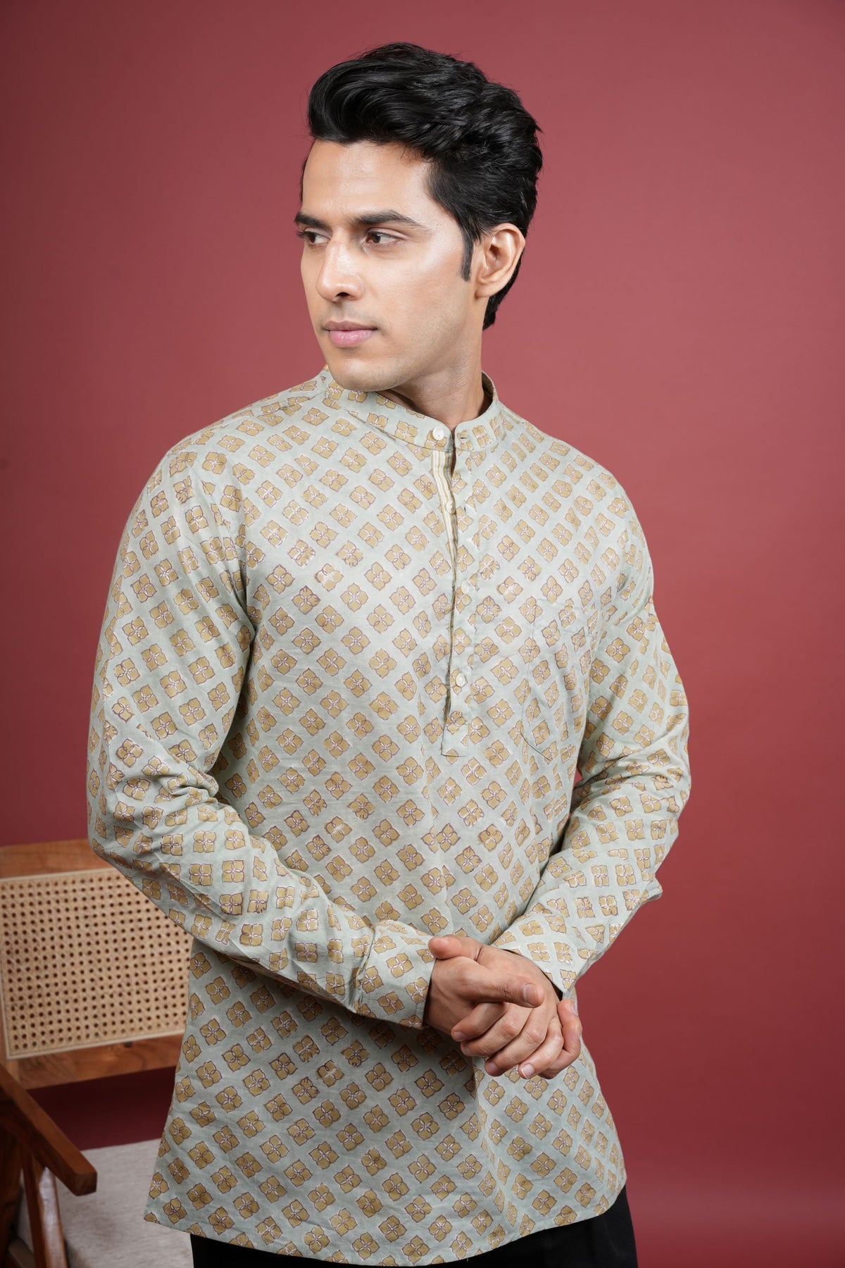 Pista Green Chinese Collar Handblock Shirt For Men's