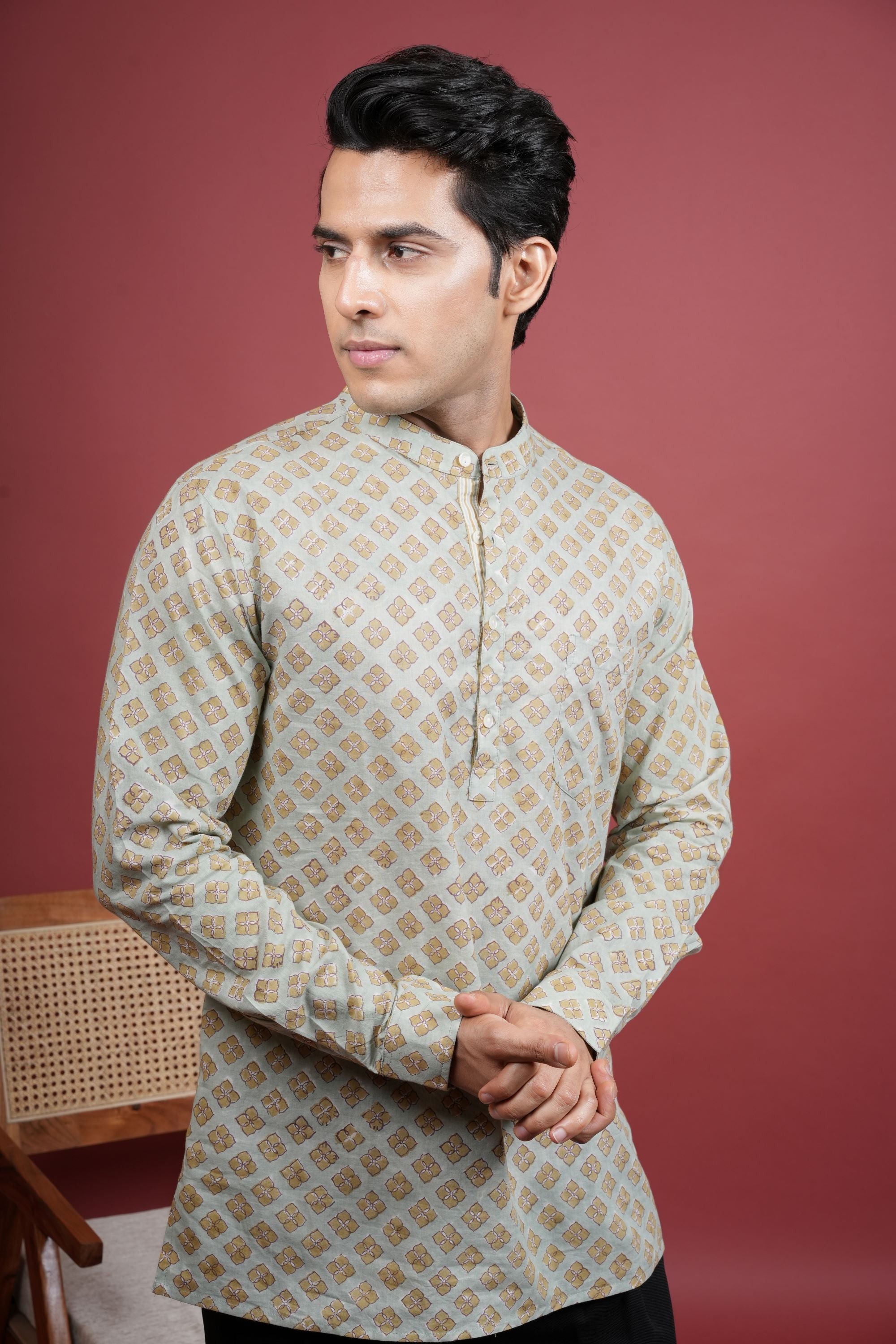 Pista Green Chinese Collar Handblock Shirt For Men's