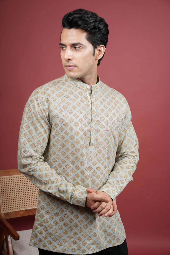 Pista Green Chinese Collar Handblock Shirt For Men's