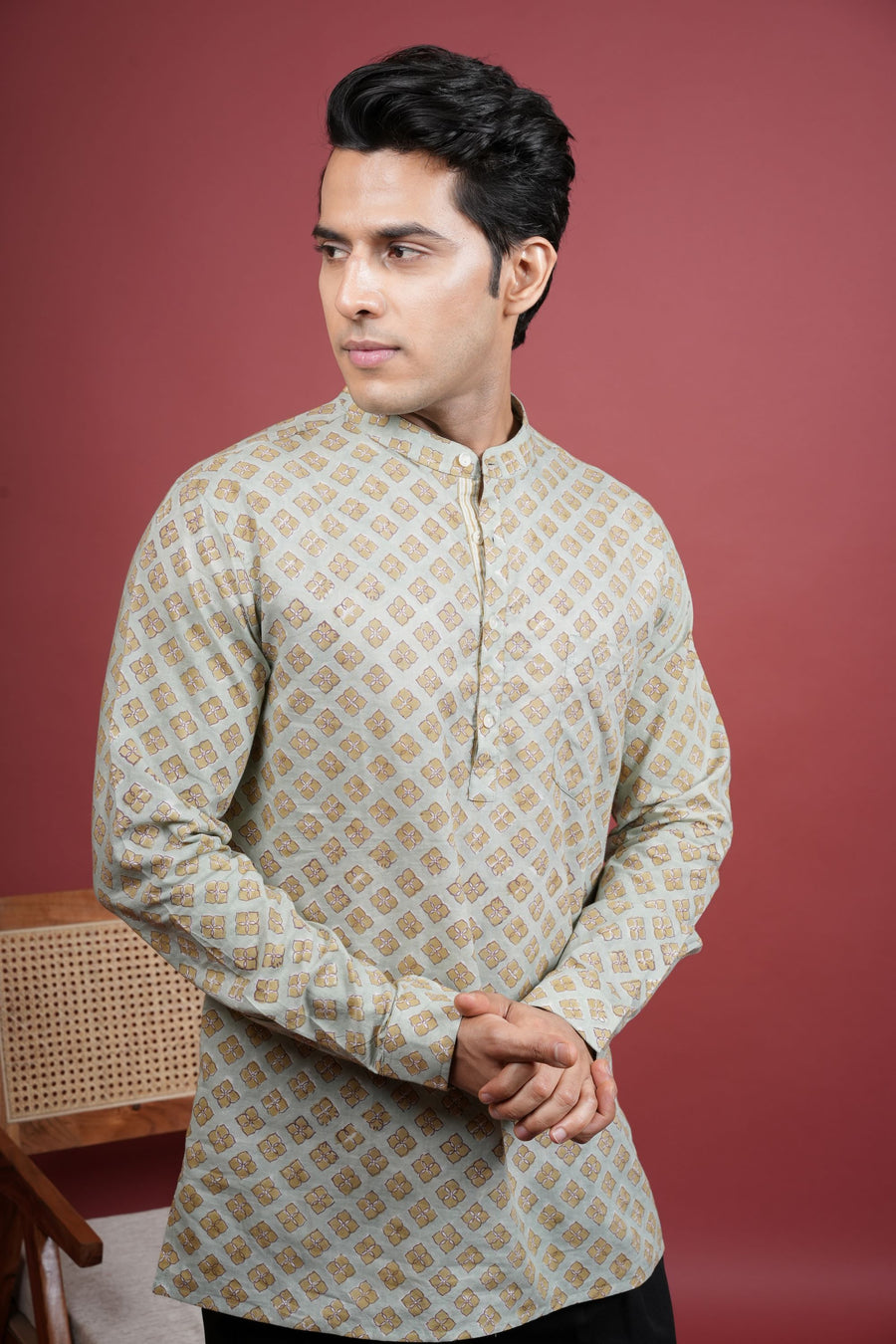 Pista Green Chinese Collar Handblock Shirt For Men's