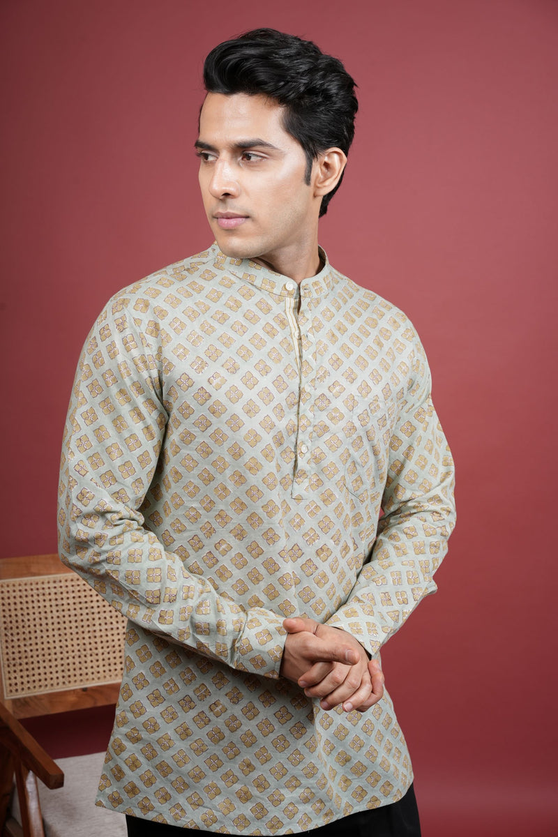 Pista Green Chinese Collar Handblock Shirt For Men's